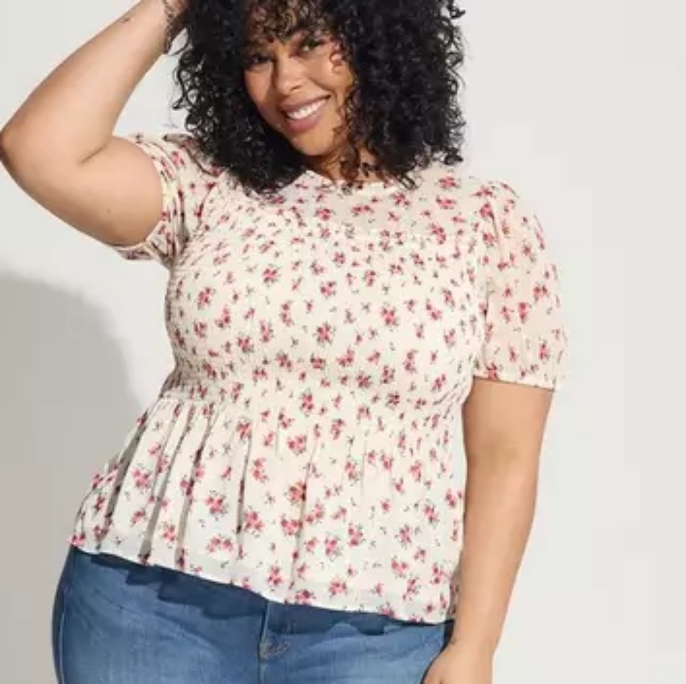 Chiffon Ruffle Mock Neck Smocked Crop Top